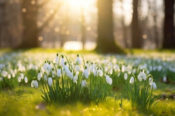 Beautiful white snowdrops flowers in spring in the forest in sunlight on a bokeh background. A spring landscape with blooming primroses. Banner.  - obrazy, fototapety, plakaty