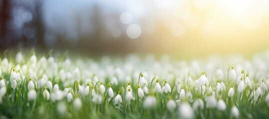 A spring landscape with blooming primroses. Beautiful white snowdrops flowers in spring in the...