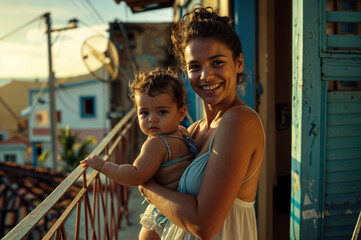 A woman is holding a baby on a balcony. The baby is wearing a blue top. The woman is smiling and looking at the camera