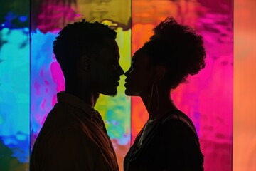 Romantic Afro Caribbean Couple Embracing in Front of Vibrant Colorful Backdrop, Love and Togetherness Captured in Bright Abstract Setting