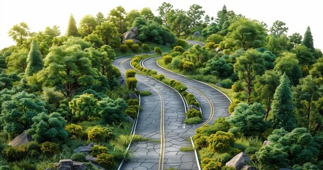 A road winds through a lush forest, with trees and terrestrial plants lining the asphalt thoroughfare, creating a beautiful natural landscape view from above