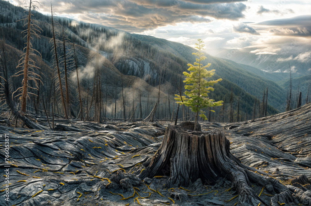 Poster a small tree is growing out of a stump in a forest. the stump is surrounded by dead trees and the fo