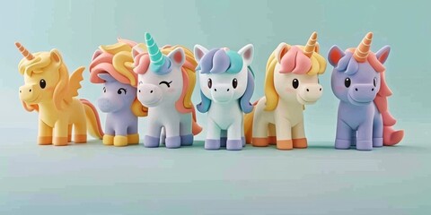 A cute, miniature 3D scene showing a group of playful, baby mythical creatures (unicorns, dragons, and phoenixes) attending a whimsical, enchanted forest preschool for kids product