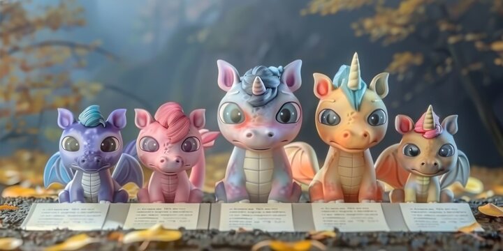 A cute, miniature 3D scene showing a group of playful, baby mythical creatures (unicorns, dragons, and phoenixes) attending a whimsical, enchanted forest preschool for kids product