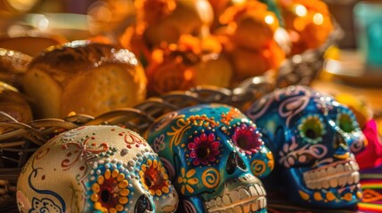 A traditional Mexican Dia de los Muertos celebration, where families honor their ancestors with offerings of sugar skulls and pan de muerto. The colorful and 