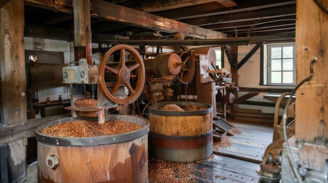 A traditional cider mill, where workers press apples into fresh cider using age-old methods. The sound of the press and the smell of crushed apples fill the air, 