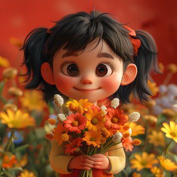 An adorable 3D cartoon character illustration holding a bouquet of flowers against a cheerful, solid backdrop, spreading love and joy with its gesture