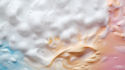 Washing foam stains on colorful background top view