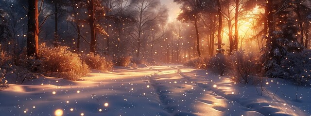 An enchanting winter scene of a snowy forest, with trees blanketed in snow and the sun peaking through the branches creating a magical atmosphere
