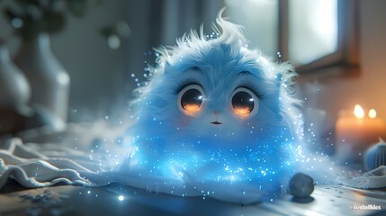 An enchanting 3D cartoon character illustration surrounded by a magical aura against a seamless solid backdrop, its whimsical features and sparkling eyes captured in HD brilliance