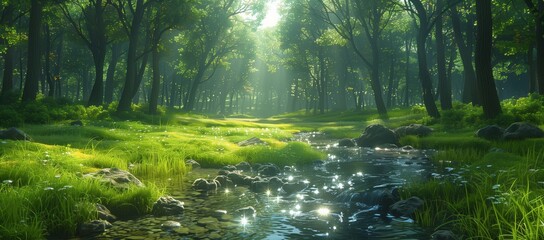 The sunlight filters through the trees in a lush forest alongside a babbling stream, showcasing the...