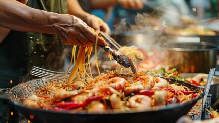 A vibrant street food market in Southeast Asia, where a vendor skillfully prepares a spicy...