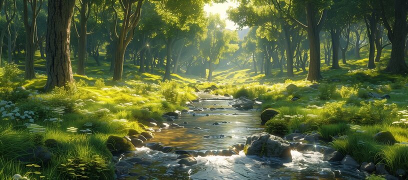 A watercourse flows through a vibrant green forest, with sunlight filtering through the trees, creating a beautiful natural landscape