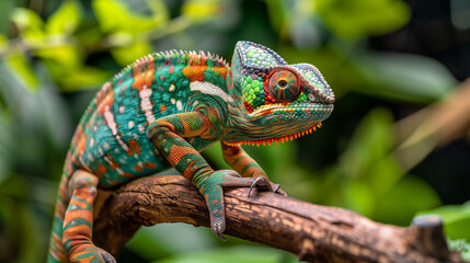 Closeup shot of a reen chameleon in the terrarium