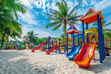 Colorful beach playground with slides and climbing structures on white sand with palm trees and blue sky