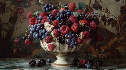 A medley of blueberries, raspberries, and blackberries arranged in a decorative porcelain vase,...