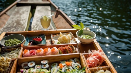 An adventurous picnic on a boat, drifting lazily on a serene lake. Fresh sushi, crisp salads, and...