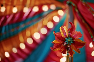 Vibrant pinwheel with a colorful backdrop of curtains and soft glowing lights