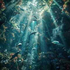 Fototapeta premium Illustrate the crucial work of preserving our oceans with a striking lowangle shot Highlight the synergy between conservationists and underwater creatures