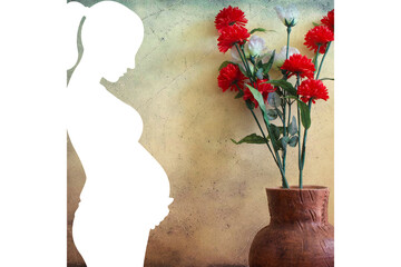 Pregnant woman and flowers, mother's day, transparent background