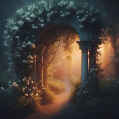 Mysterious entrance to the forest with archway im jasmine flowers.  - obrazy, fototapety, plakaty