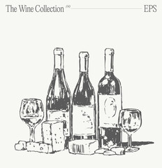 Bottles of wine, glasses and grapes on a table. Hand drawn vector illustration, sketch. - 766056692