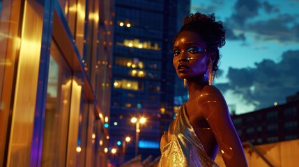 An avant-garde fashion photoshoot in a futuristic cityscape at dusk. The model is wearing a metallic, 