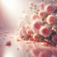 Bouquet of pink roses on a light background with a place for text