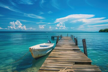 Wooden pier with a boat on a clear blue sea and sunny sky