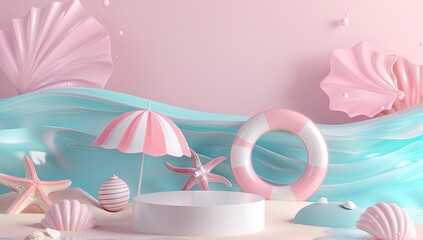 3D render, abstract background with summer elements and an empty white podium for product presentation.