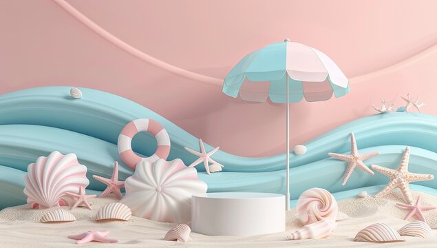 3D render, abstract background with summer elements and an empty white podium for product presentation.