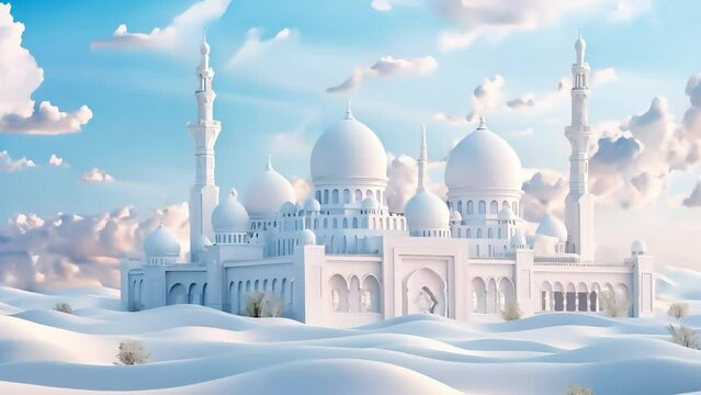 Surreal landscape with a white palace or mosque floating on clouds, blending fantasy and architecture in a serene sky.