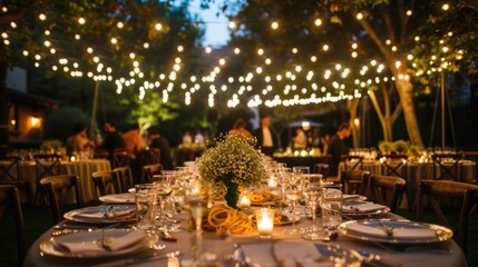 An elegant outdoor wedding reception under string lights, where guests are served spaghetti carbonara  - obrazy, fototapety, plakaty