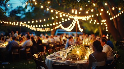 An elegant outdoor wedding reception under string lights, where guests are served spaghetti carbonara  - obrazy, fototapety, plakaty