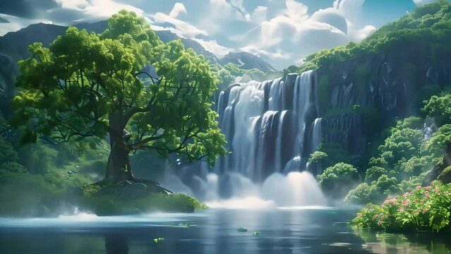 Idyllic waterfall in a lush green forest with mist over tranquil water, depicting serene nature scenery.