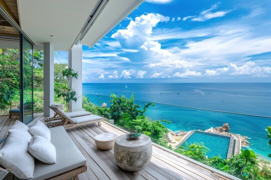 Open patio with loungers overlooking the ocean and infinity pool