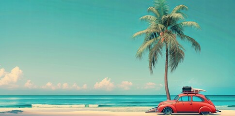 Vintage car with luggage and surfboard on the beach near palm tree against blue sky. summer