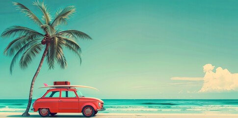 Vintage car with luggage and surfboard on the beach near palm tree against blue sky. summer