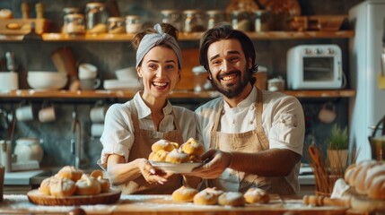 Fototapeta na wymiar A skilled female chef and her male colleague are holding a fancy pastry and trying a new recipe for