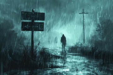 A scene of a lone figure standing in the rain at a crossroads where the road signs point to nowhere