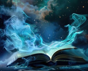 A scene of an open book with pages turning by themselves revealing a story that predicts the future