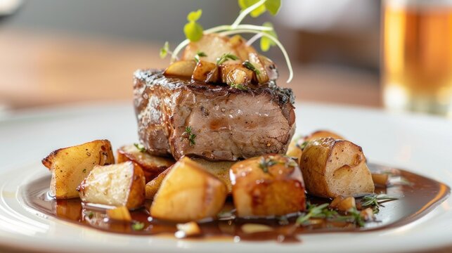 An innovative chef in a modern restaurant experiments with a savory apple dish, combining roasted pork tenderloin with caramelized apples 