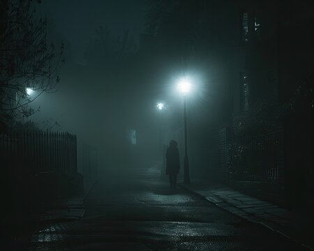 A shadowy figure standing at the end of a foggy deserted street at night