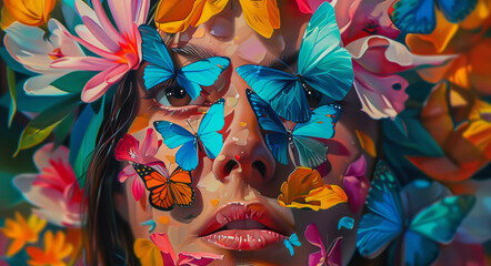 An artwork features butterfly wings and flowers on a woman's face, in a colorful futurism style.