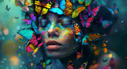 An artwork shows a woman with colorful butterflies on her face, in a darkly detailed style, with cyan and amber.