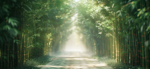 A rambling path goes through a bamboo forest, in a style that is light green and light amber, with...