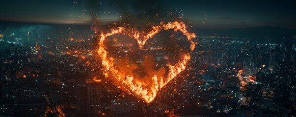 A heart-shaped fire background in the city, in a hyper-realistic sci-fi, aerial photography, and nightscapes style.