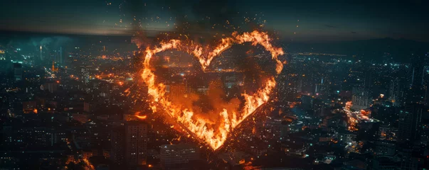 Fotobehang A heart-shaped fire background in the city, in a hyper-realistic sci-fi, aerial photography, and nightscapes style. © Duka Mer