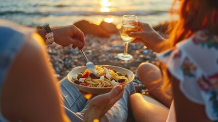 An intimate beach picnic at sunset, with a couple enjoying cold spaghetti salad with olives, cherry 