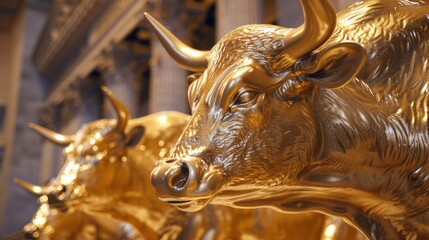 Three golden bull statues against a background with a stock market, in a style characterized by detailed hunting scenes.